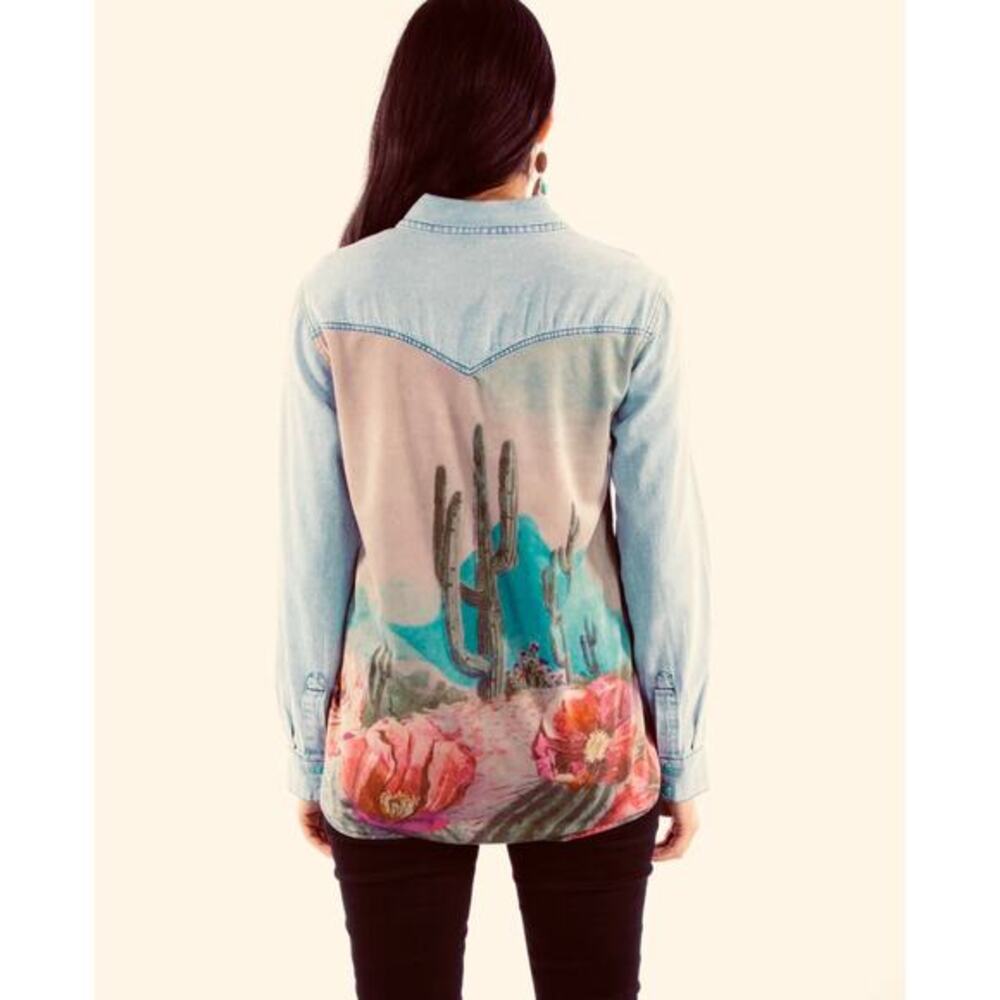 SEDONA SUNSET CACTUS SCENE WESTERN YOKE DENIM BUTTON DOWN SMALL